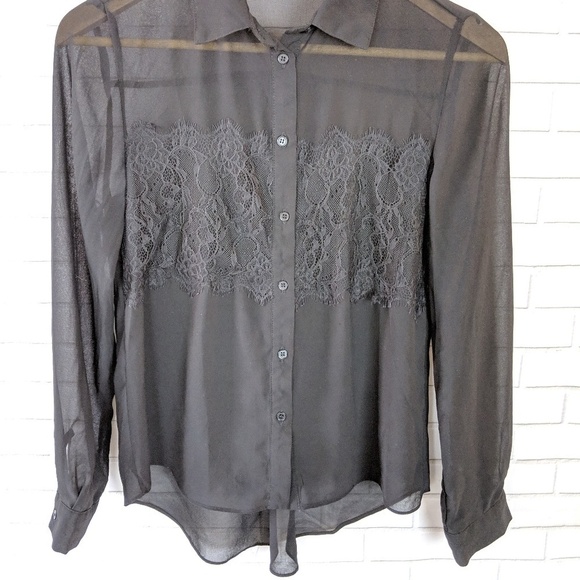 Lime Blue Shirt Womens Small Black Sheer Lace Blouse Whimsigoth Witchy Victorian - Picture 6 of 6